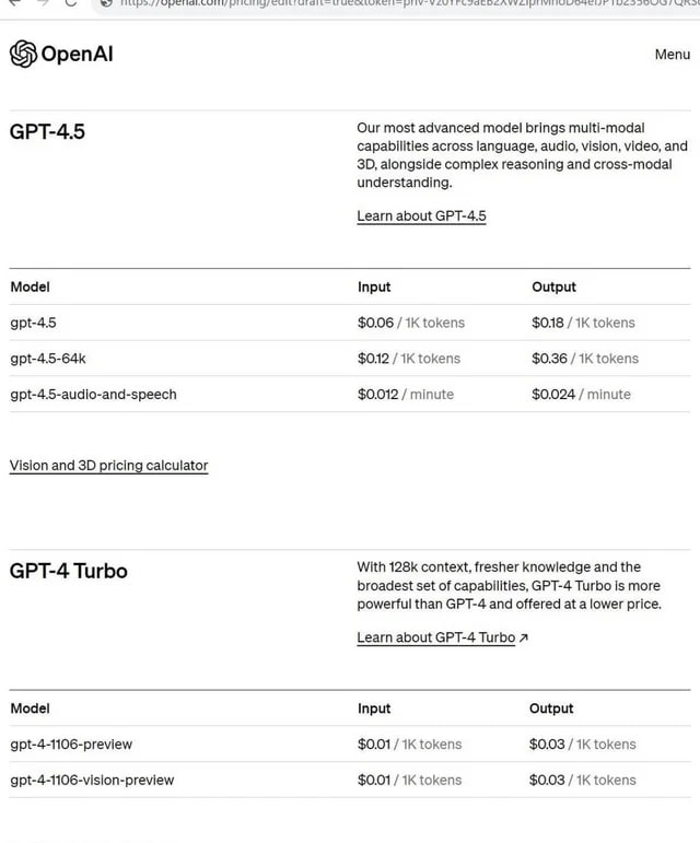 #GPT4.5gpt-4.5价格截图曝光reddit上有人放出了gpt-4.5的官网价格页面截图