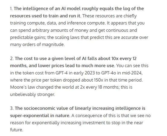 🤖AI经济学三大趋势：智能涌现与社会变革* AI成本骤降： 特定水平AI的使用成本大约每12个月下降10倍，推动更广泛的应用