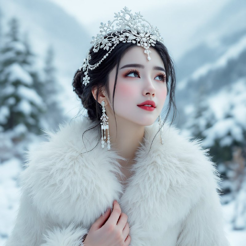 Prompt ✏️: Photo of a young asia woman in a snowy landscape, wearing a white fur coat, intricate silver headpiece, and long earrings, looking up with a serene expression, dark hair styled in an updo, pale skin, red lips, soft makeup, misty mountains in the background, high quality, jpeg artifacts, snow-covered trees, overcast sky, elegant and regal atmosphere, traditional Asian fashion, delicate and detailed accessories, soft and fluffy textures, serene and peaceful mood, ethereal and dreamy feel, high angle view, medium close-up, upper body, hand holding the fur coat, dark eyes, thin eyebrows, soft lightingModel 🖼: flux pro📢 频道 ✈️ 群聊 📬 投稿 💵 商务via AI绘画｜AI视频 | AI音乐 - Telegram Channel