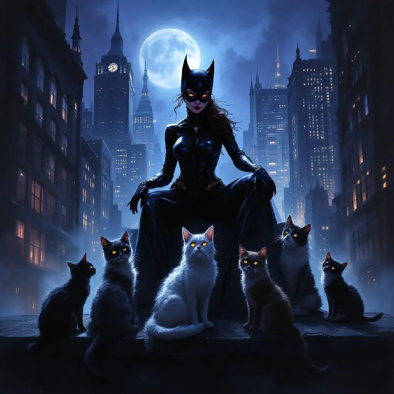 Prompt ✏️: Artsy painting of Catwoman at night with her cats. Futuristic city in the background. Beautiful lighting. Artistic quality.Model 🖼: flux pro📢 频道 ✈️ 群聊 📬 投稿 💵 商务via AI绘画｜AI视频 | AI音乐 - Telegram Channel