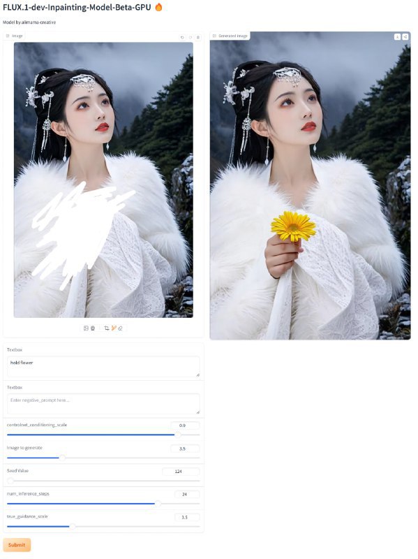 🎯 名称：FLUX.1-dev Inpainting Model Beta-GPU🖼 功能：图像修复与生成：通过先进的技术，能够对图像中的缺失或损坏部分进行高质量的修复和生成