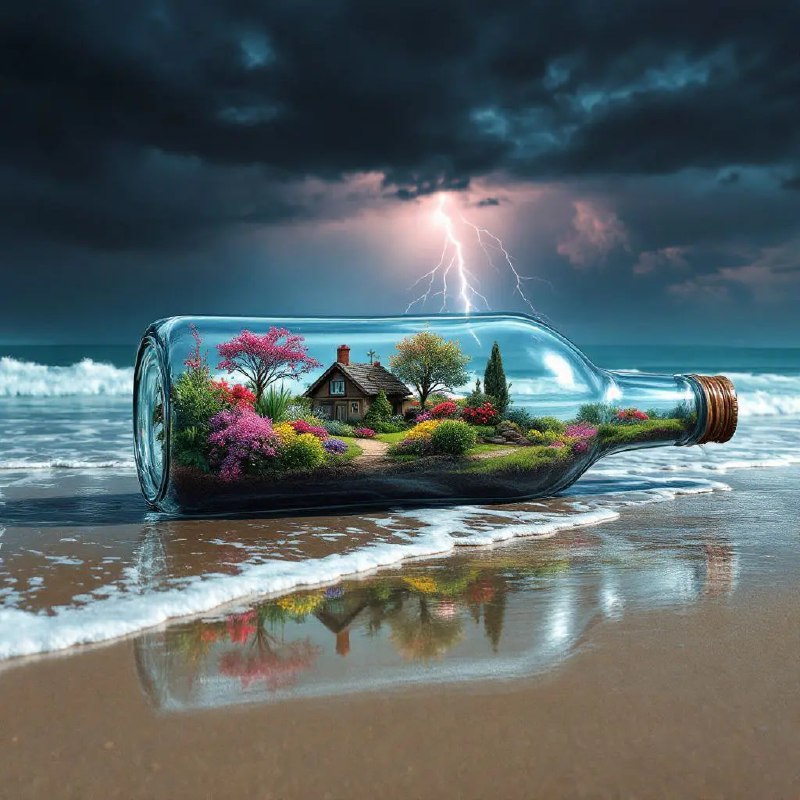 Prompt ✏️: A surreal photograph of a glass bottle filled with a vibrant, colorful garden, including flowers, plants, and a small house. The bottle is lying on the beach, partially submerged in the water, with waves crashing against it. The sky is dark and stormy, with a dramatic lightning bolt illuminating the scene. The reflection in the bottle shows a more serene, colorful landscape. The image has a dreamlike, fantastical quality. The bottle is very reflective, showing a detailed reflection of the scene. The beach is deserted, with no people or animals in sight. The overall mood is dramatic and surreal.Model 🖼: flux pro📢 频道 ✈️ 群聊 📬 投稿 💵 商务via AI绘画｜AI视频 | AI音乐 - Telegram Channel