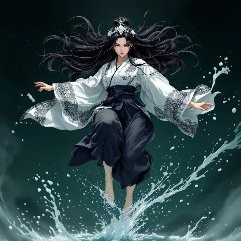 Prompt ✏️: Digital artwork of a woman with long, flowing black hair and a white crown, wearing a white and black kimono with intricate patterns, and black hakama pants. She is jumping in the air, with water splashing around her feet. The background is a dark, moody green. The style is anime-inspired, with a focus on dynamic movement and dramatic lighting. The woman's expression is intense and determined. The image is high quality and detailed, with a sense of action and energy.Model 🖼: flux pro📢 频道 ✈️ 群聊 📬 投稿 💵 商务via AI绘画｜AI视频 | AI音乐 - Telegram Channel