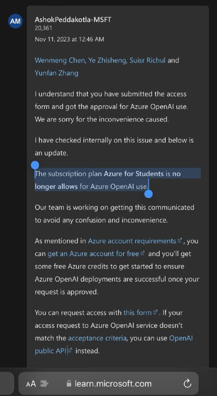 Azure for Students的订阅计划不再允许使用Azure OpenAI