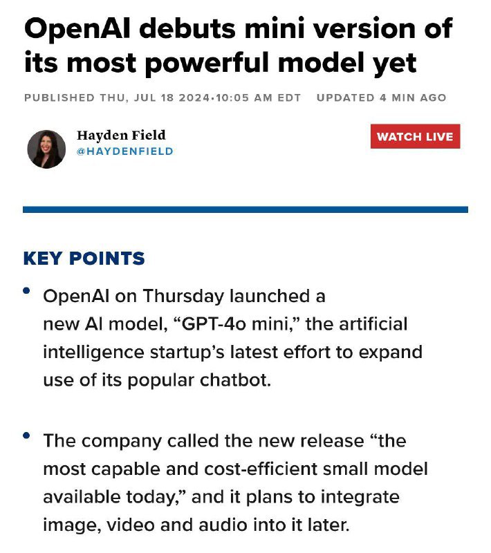 OpenAI推出“GPT-4o mini”OpenAI称，GPT-4o mini是“功能最强、成本偏低的模型”，计划今后整合图像、视频、音频到这个模型中