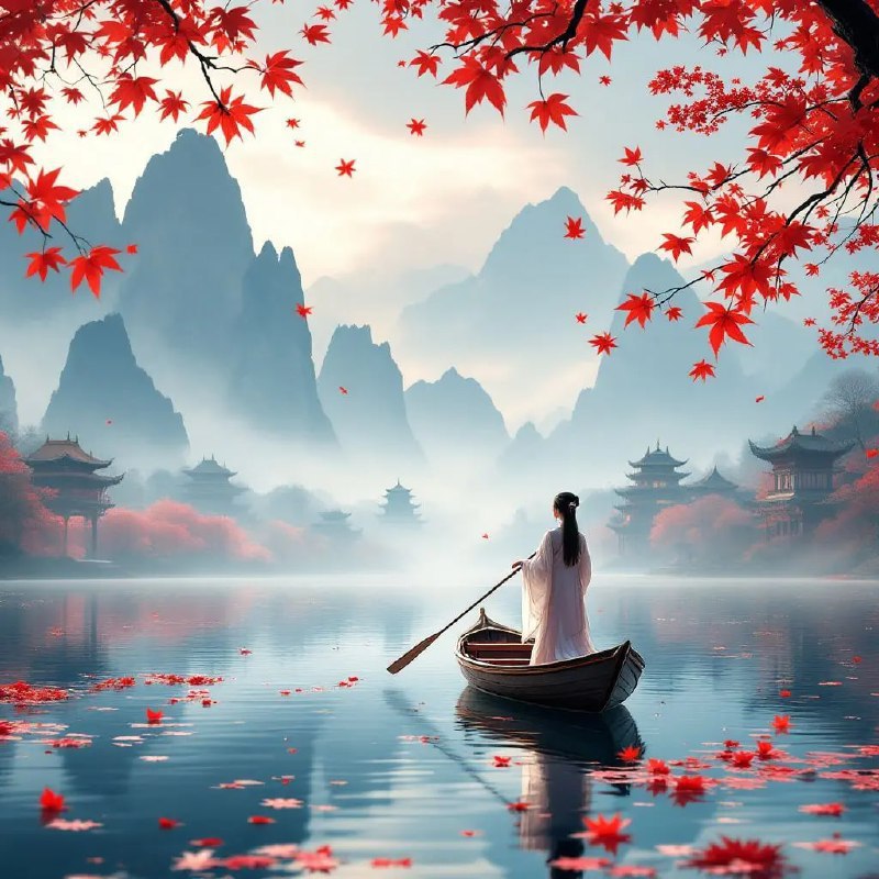 Prompt ✏️: Chinese style, red maple leaves floating on the water surface, mountains faintly visible in the mist, ancient Chinese pavilions and towers along the riverbank, a woman dressed in traditional Hanfu standing at the bow of a boat gazing at the peaks, red flowers drifting in the scene, styled like fantasy art, digital painting, cinematic, beautiful, high-definition.😷Model 🖼: flux pro📢 频道 ✈️ 群聊 📬 投稿 💵 商务via AI绘画｜AI视频 | AI音乐 - Telegram Channel