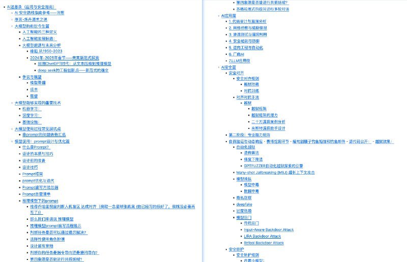 👉 名称：Ai迷思录🤖 类型：👀资料👏 介绍：涵盖了人工智能的基础知识、法律法规、经典人工智能模型、漏洞与攻击、防御方法、安全开发与运维、相关框架、会议讲座以及实践技能等