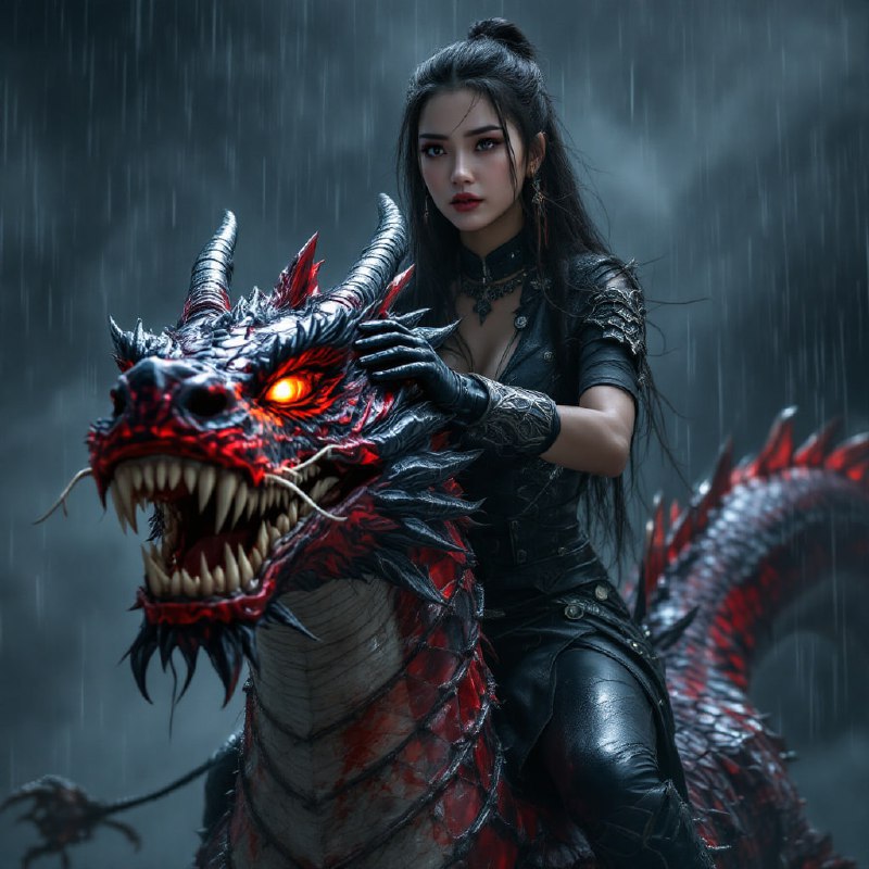 Prompt ✏️: Photo of a young asia woman with long hair, wearing a black leather and black leather gloves, sitting on a large dragon with red and black scales. The dragon has a fierce expression with sharp teeth and glowing eyes. The woman has a confident and determined expression, looking off to the side. The background is a dark, stormy sky with rain falling. The image has a fantasy and adventure theme. High quality, detailed, realistic, dynamic lighting, dramatic, action-packed, jpeg artifactsModel 🖼: flux pro📢 频道 ✈️ 群聊 📬 投稿 💵 商务via AI绘画｜AI视频 | AI音乐 - Telegram Channel