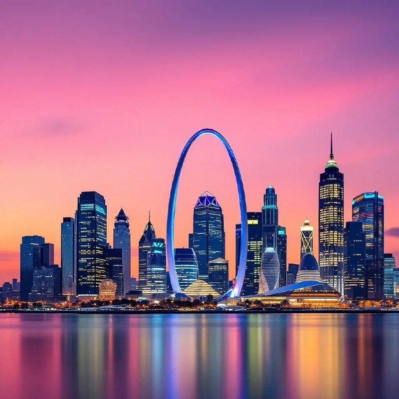 Prompt ✏️: A photograph of a modern city skyline at night, featuring a prominent, arch-shaped skyscraper in the center. The sky is a gradient of pink and orange hues, reflecting off the calm water in the foreground. The buildings are illuminated with various lights, creating a vibrant and dynamic atmosphere. The architecture is sleek and contemporary, with a mix of glass and steel structures. The image has a high level of detail and clarity, capturing the beauty of urban nightlife.Model 🖼: flux pro📢 频道 ✈️ 群聊 📬 投稿 💵 商务via AI绘画｜AI视频 | AI音乐 - Telegram Channel