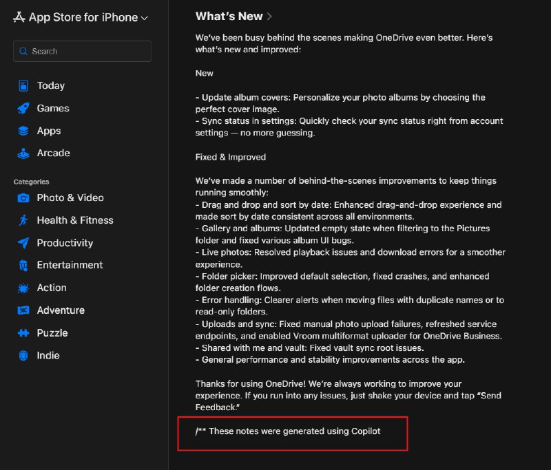 微软的小心思：借助苹果应用商店免费推广自家Copilot近日Windows Latest发现，微软在OneDrive iOS版本的更新日志底部，添加了一行声明：“本说明由Copilot生成