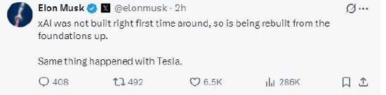 马斯克回应xAI高层变动：正从基础开始重新构建马斯克的人工智能初创公司xAI最近经历了一系列高层人事变动，在戴子航和张国栋离职后，xAI的11名创始成员中只剩下两人仍在公司任职，分别是Manuel Kroiss和Ross Nordeen