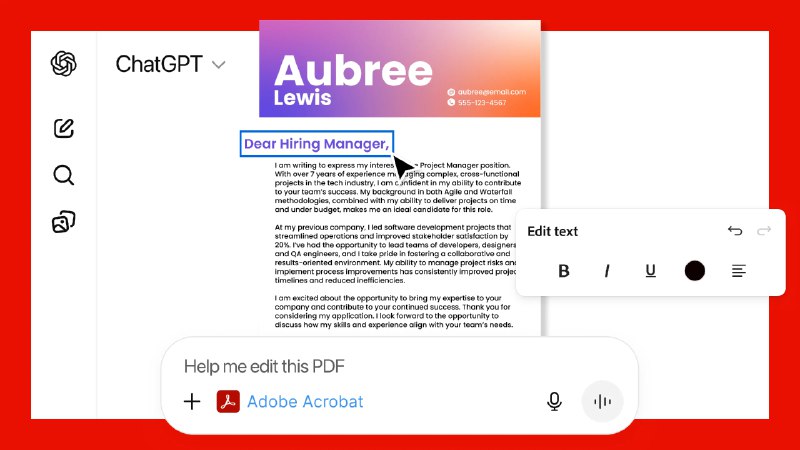 ChatGPT接入Adobe应用 可免费在线编辑照片与PDFAdobe 宣布与 ChatGPT 深度集成，在聊天窗口中直接提供 Photoshop、Acrobat 和 Adobe Express 等应用的全新使用方式，让用户通过自然语言即可完成图片和 PDF 的设计与编辑，无需在多个软件之间来回切换