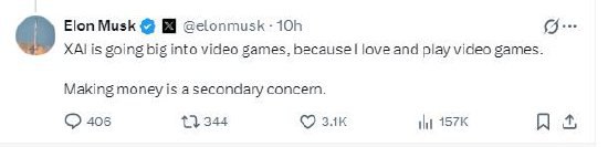 马斯克回应xAI开发AI游戏：赚钱是次要的，主要是我喜欢玩游戏一位X用户分享了有关马斯克的人工智能初创公司xAI聘请前英伟达专家开发“世界模型”，并计划将这一技术首先应用于游戏领域的报道