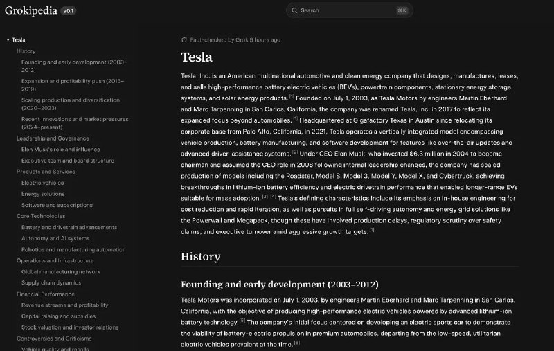 马斯克官宣AI百科Grokipedia上线：0.1版也比维基百科好10月28日，据《华盛顿邮报》报道，埃隆·马斯克(Elon Musk)周一推出了AI在线百科全书Grokipedia的早期版本，但该网站很快就瘫痪无法访问，之后又恢复
