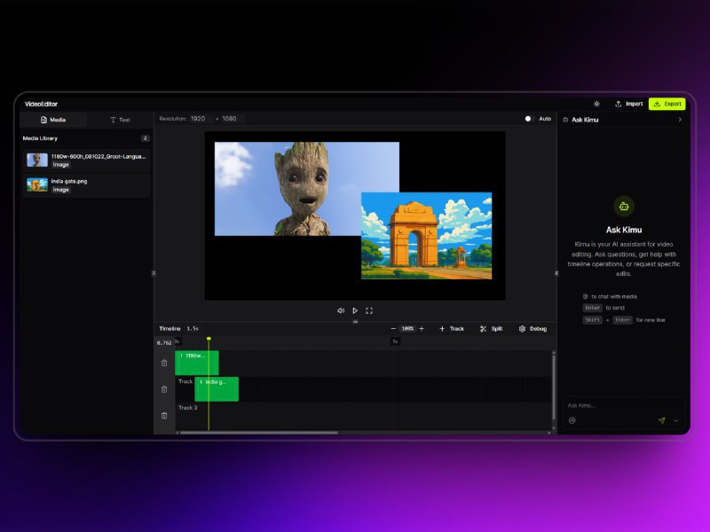 🆔 项目名称：videoeditor⭐️ 项目功能：在线视频编辑📁 项目简介：一个视频编辑工具，支持非线性视频编辑，允许在多个轨道上进行编辑，并提供实时预览功能，方便在编辑过程中查看效果