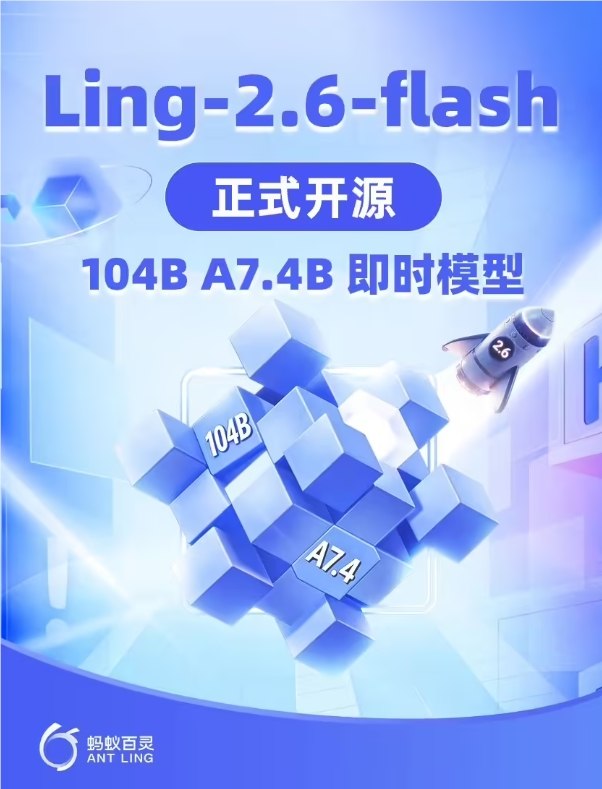 智效比提升十倍：蚂蚁集团百灵大模型Ling-2.6-flash正式开源蚂蚁集团旗下的百灵大模型今日宣布，正式开源其最新成员Ling-2.6-flash