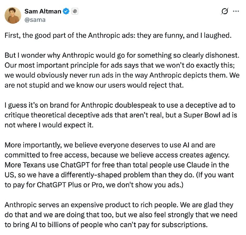 被AI对手暗讽给ChatGPT加广告 奥特曼回应：咱不是一个量级2月5日，据科技网站TheVerge报道，萨姆·奥特曼(Sam Altman)周三回应了对手Anthropic暗讽OpenAI给ChatGPT加广告一事