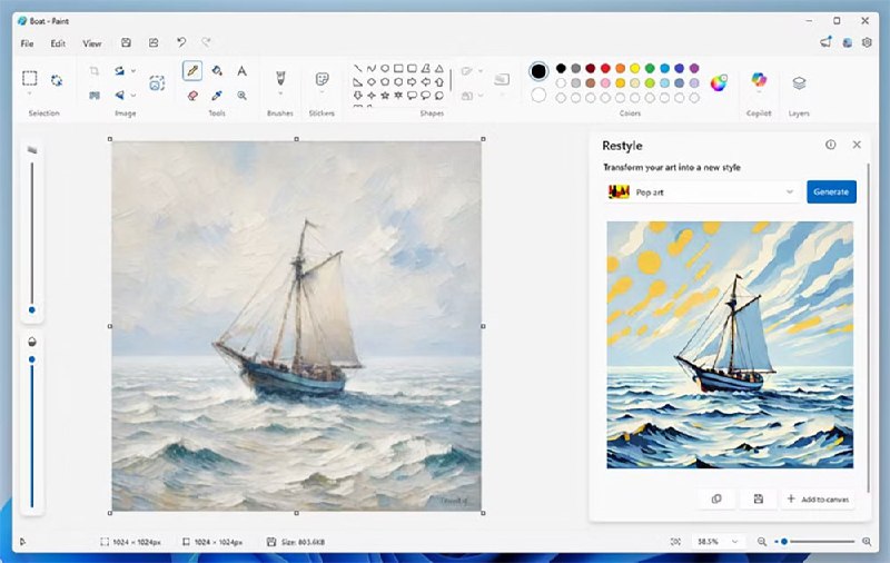 Windows画图新增Restyle功能 AI生成不同艺术风格图片随着生成式AI日渐渗透到Windows系统的各个角落，画图（Paint）应用也不例外