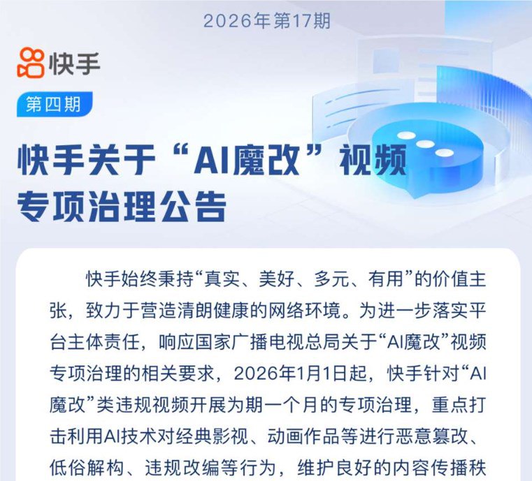 快手开展 “AI 魔改” 视频专项治理 一月处置违规内容超五千条2026年2月2日，快手安全中心发布《关于 “AI 魔改” 视频专项治理公告》，宣布平台自2026年1月1日起开展的为期一个月的 “AI 魔改” 类违规视频专项治理已完成阶段性工作，期间共处置违规内容5576条，对11个存在违规行为的账号予以警告教育