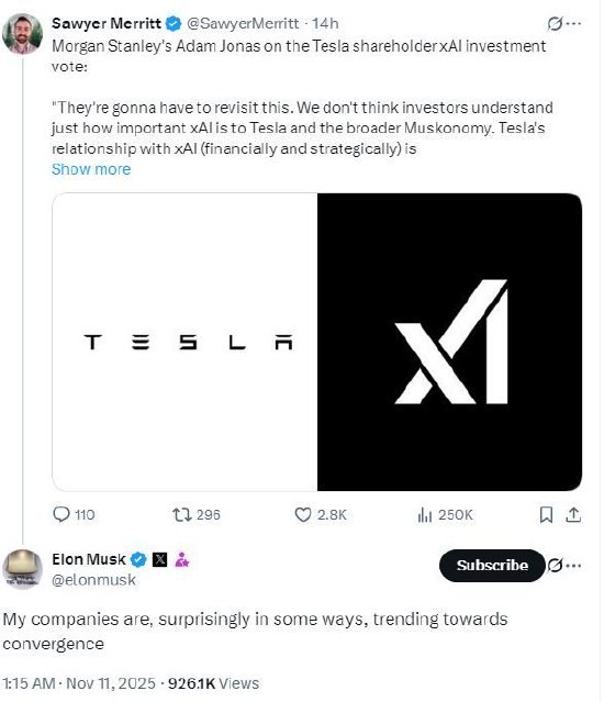 马斯克称特斯拉与xAI正“趋向融合”马斯克周一在X上的一条帖子中表示，他的公司正在“趋向融合”，暗示了他的各种商业企业之间的潜在整合，包括特斯拉和他的人工智能初创公司xAI