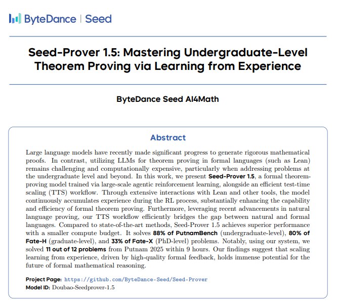 字节 Seed 新模型问世：数学竞赛金牌实力爆表，AI 推理迈入新阶段！近日，字节跳动旗下的 Seed AI 团队发布了一款名为 Seed Prover1.5的数学推理模型，该模型在国际数学奥林匹克（IMO）比赛中表现卓越，成功获得金牌，标志着人工智能在数学领域的又一突破
