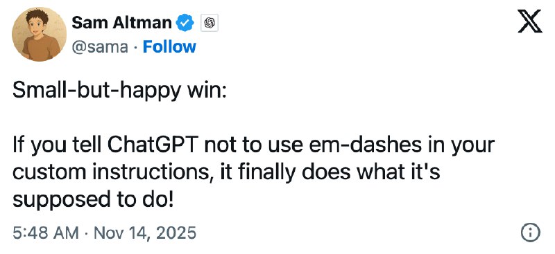 OpenAI宣布已修复ChatGPT存在已久的破折号问题美国科技公司OpenAI日前宣布，用户现在可以通过个性化设置，让ChatGPT停止在输出中自动使用破折号（em dash）