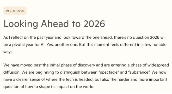 纳德拉开设个人博客，展望2026年 AI 发展新阶段微软 CEO 萨提亚・纳德拉（Satya Nadella）最近开设了一个名为 “SN Scratchpad” 的个人博客，旨在分享他对人工智能(AI)未来的思考