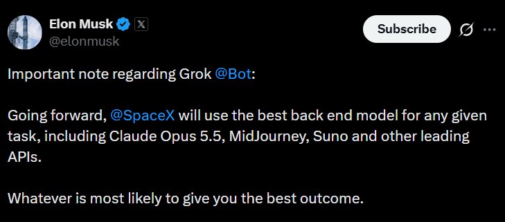 马斯克：Grok Bot不再只认自研模型，按任务择优调用Claude、Midjourney和Suno马斯克在10月7日于 X 平台甩出一条改变 Grok Bot 底层逻辑的重要说明:这款常驻型 AI 同事将不再只认 SpaceXAI 自研的 Grok 系列，而是会根据具体任务，自动挑出最好的后端模型来干活