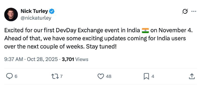 🤖 OpenAI 为印度用户提供一年免费 ChatGPT Go 服务OpenAI 宣布自11月4日起，在印度推出限时促销活动，新用户注册即可免费使用 ChatGPT Go 服务一年
