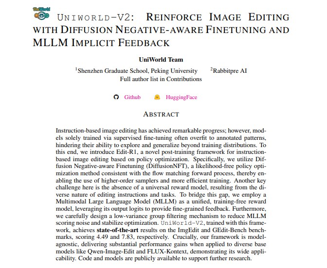 中文图像编辑迎来新王！UniWorld-V2发布，框选即改、中文字体精准渲染，性能碾压GPT-Image与Gemini在图像编辑领域，一项颠覆性的技术正在改变游戏规则!兔展智能与北京大学的 UniWorld 团队推出了新一代图像编辑模型 ——UniWorld-V2