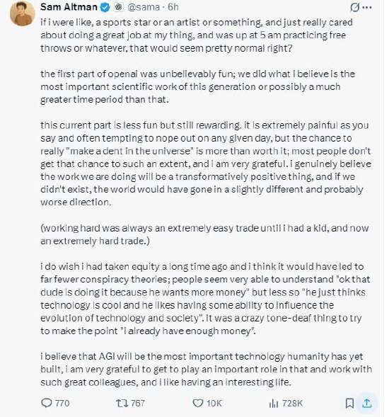 奥特曼回应马斯克讽刺OpenAI上市是为圈钱：我只想“在宇宙中留下印记”OpenAI首席执行官萨姆·奥特曼在社交平台X上发长文回应人们对OpenAI上市的质疑，包括来自他的老对头埃隆·马斯克的一个嘲讽的表情包