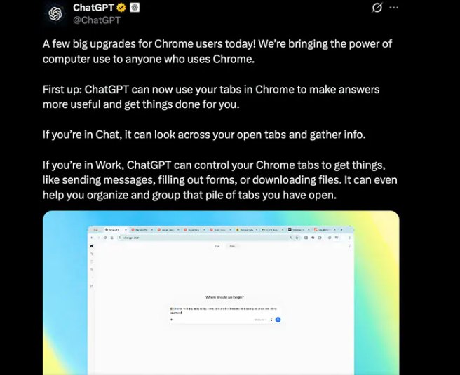 OpenAI发布ChatGPT扩展程序重大升级，支持跨标签页上下文读取与自动化操作OpenAI宣布为其Google Chrome浏览器扩展程序推出重大升级，正式将计算机使用能力引入主流浏览器环境
