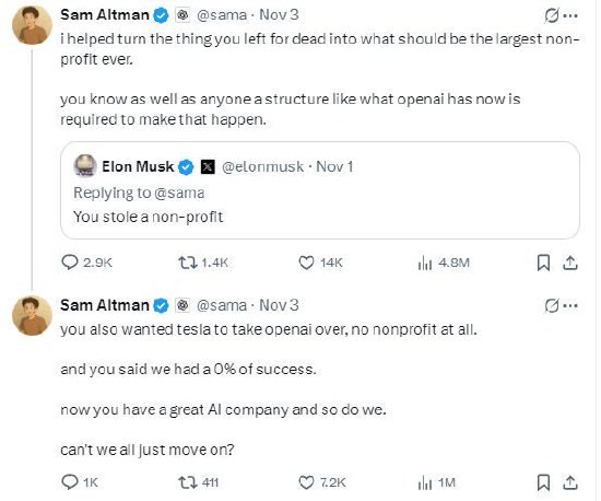 OpenAI首席执行官回应马斯克指责其“偷窃了一个非营利组织”马斯克上周末在社交平台X上回应OpenAI首席执行官萨姆·奥特曼要求退还Roadster跑车订金的帖子时，再次指责其“偷窃了一个非营利组织