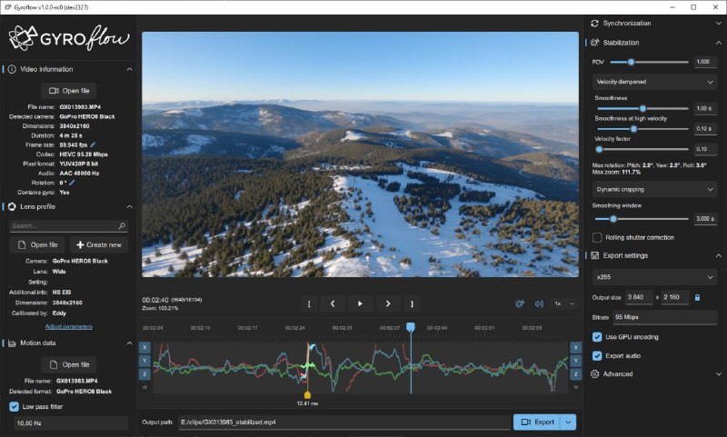 🆔 软件名称：Gyroflow⭐️ 软件功能：视频稳定化➡️ 支持平台：#Windows #macOS #Linux #Android #iOS📁 软件简介：一款基于陀螺仪数据的视频稳定化应用程序，能够通过运动数据精确稳定视频