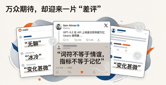 🤖GPT-5.2被指“无聊”？实测揭示其专业可靠性与市场定位OpenAI近期发布的GPT-5.2模型，尽管CEO奥特曼庆祝其首日消耗突破万亿Token，却在社交媒体上遭遇用户“无聊”、“敷衍”的负面评价