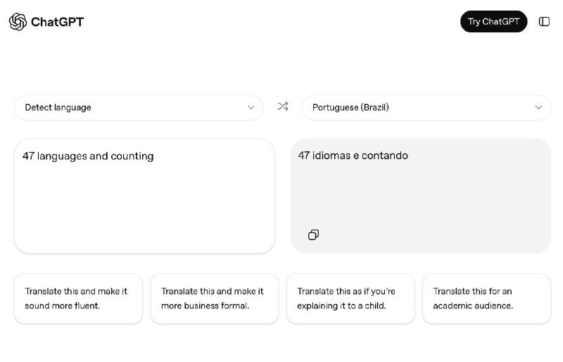🌐 ChatGPT 推出多功能翻译服务，支持 40 余种语言与多模态输入ChatGPT 现已支持超过 40 种语言的互译功能，强调在翻译过程中保留原意、语境及特定语气