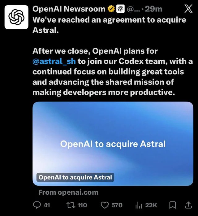 OpenAI收购开发者工具初创公司Astral 为Codex团队注入新动力OpenAI周四宣布，将收购为软件开发者构建流行开源工具的小型初创公司Astral