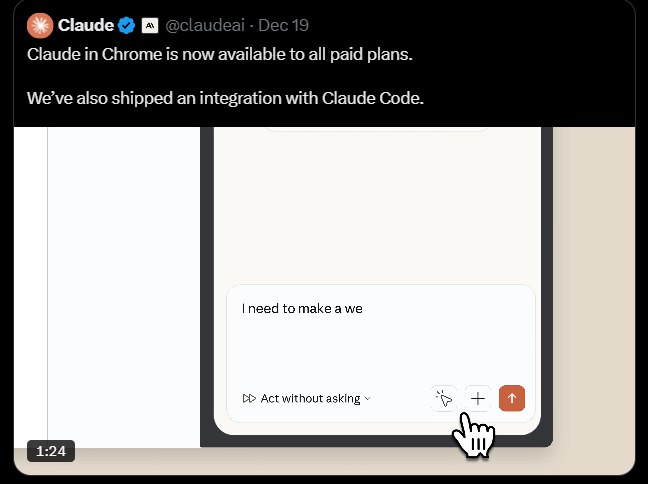 Claude Chrome插件正式全量开放！付费用户瞬间拥有AI浏览器助手Anthropic今日正式宣布，Claude Chrome扩展插件现已向所有Claude Pro、Team、Enterprise付费用户全面开放，无需排队、无需申请