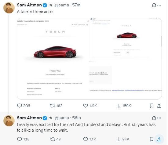 OpenAI首席执行官要求特斯拉退还Roadster跑车5万美元预订款OpenAI首席执行官萨姆·奥特曼在社交平台X上晒出了他向特斯拉申请退还Roadster跑车5万美元预订款的截图
