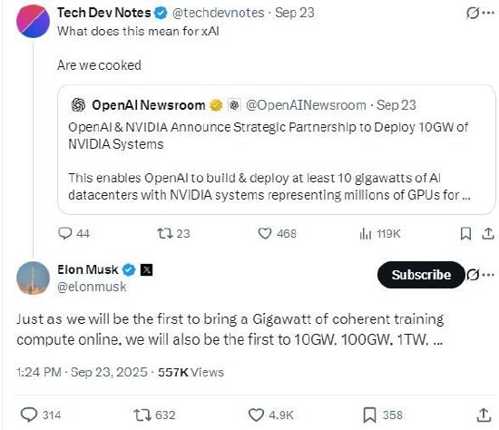 马斯克回应OpenAI与英伟达合建10吉瓦数据中心：xAI将第一个实现一位X用户转发OpenAI宣布与英伟达建立战略合作伙伴关系，并计划部署10吉瓦级AI数据中心的声明，询问“这对xAI意味着什么，我们输了吗？”OpenAI在声明中表示：“OpenAI和英伟达宣布建立战略合作伙伴关系，部署10GW的英伟达系统
