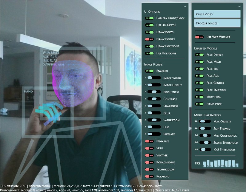 vladmandic / humanHuman: AI-powered 3D Face Detection & Rotation Tracking, Face Description & Recognition, Body Pose Tracking, 3D Hand & Finger Tracking, Iris Analysis, Age & Gender & Emotion Prediction, Gaze Tracking, Gesture RecognitionRepo URL | 👀46 🍴292 ⭐1979#D20240410 #D20240410_Html #HtmlGitHubGitHub - vladmandic/human: Human: AI-powered 3D Face Detection & Rotation Tracking, Face Description & Recognition, Body Pose Tracking…Human: AI-powered 3D Face Detection & Rotation Tracking, Face Description & Recognition, Body Pose Tracking, 3D Hand & Finger Tracking, Iris Analysis, Age & Gender &...via Github Trending - Telegram Channel