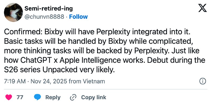 三星效仿苹果AI战略 将Perplexity AI集成进Bixby语音助手继苹果为Siri引入多模型AI策略后，三星也开始效仿类似路径，计划在即将发布的Galaxy S26系列中，将Perplexity的AI技术集成至自家Bixby语音助手中