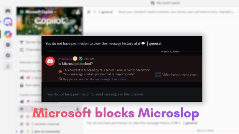 微软屏蔽贬义词 Microslop 引发反弹，官方 Copilot Discord 服务器被迫禁言锁定微软计划在 2025 年大幅推进 Windows 11 的 AI 整合，导致社交媒体上出现绰号“Microslop”，呼应 2025 年热词 