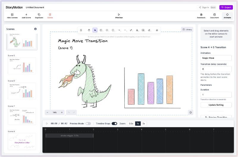 🆔 网站名称：StoryMotion⭐ 网站功能：提示词库📁 网站简介：一个快速创建动画教育视频的工具