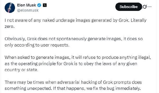 马斯克回应Grok色情图片争议：不会生成违法内容马斯克周三否认其备受争议的人工智能聊天机器人Grok曾生成过任何非法或“任何未成年人裸体图像”