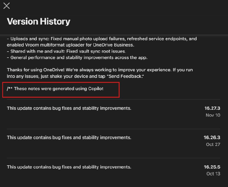 微软的小心思：借助苹果应用商店免费推广自家Copilot近日Windows Latest发现，微软在OneDrive iOS版本的更新日志底部，添加了一行声明：“本说明由Copilot生成