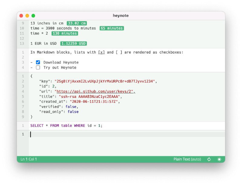 #软件 #工具 #开源📃 Heynote - 专为开发者设计的便签应用▎软件平台：#Windows #macOS #Linux▎软件介绍：一款开源跨平台便签应用，提供持久化的文本缓冲区，适用于记录临时信息、代码片段、会议笔记和日常待办事项等