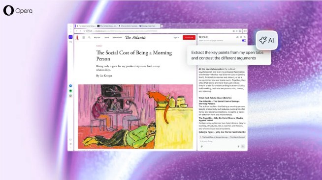 Opera AI 今日上线：侧边栏里的全能智能体，懂网页更懂隐私全球浏览器创新领军者 Opera 今日宣布，其全新人工智能功能 Opera AI 已正式上线，并向其旗舰桌面浏览器 Opera One、游戏浏览器 Opera GX 以及注重正念体验的 Opera Air 用户全面开放