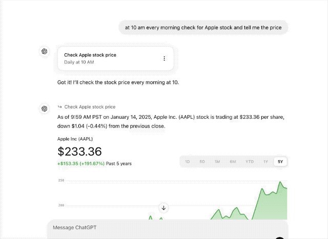 🤖 ChatGPT推出Tasks功能：可定时执行任务，或为AI Agent铺路OpenAI为ChatGPT推出名为“Tasks”的新功能，允许用户设置定时任务，例如每日查看股市行情、创作科幻故事、督促背单词或总结AI新闻等