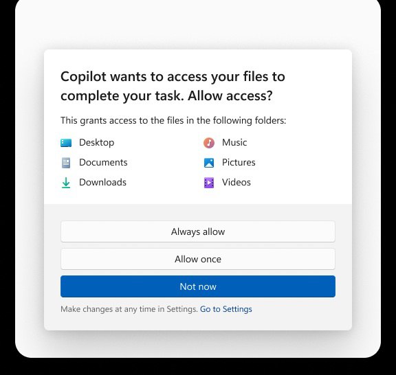 微软为Windows 11 AI上“隐私锁”：访问用户文件前会先请求许可微软已确认在Windows 11中，任何人工智能智能体在访问用户存储在桌面、文档、下载、音乐、图片和视频这六个常用文件夹之前，都必须先获得用户的明确许可